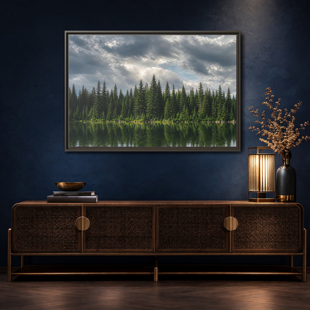 Mockup 4. Nature Pine Forest Pine Forest Lake shown as stretched canvas wall art