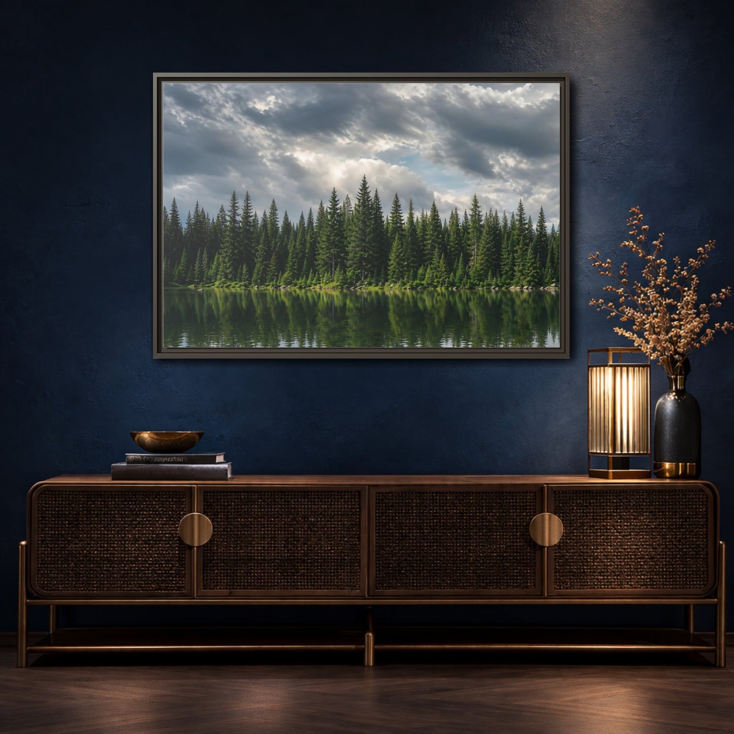 Mockup 4. Nature Pine Forest Pine Forest Lake shown as stretched canvas wall art