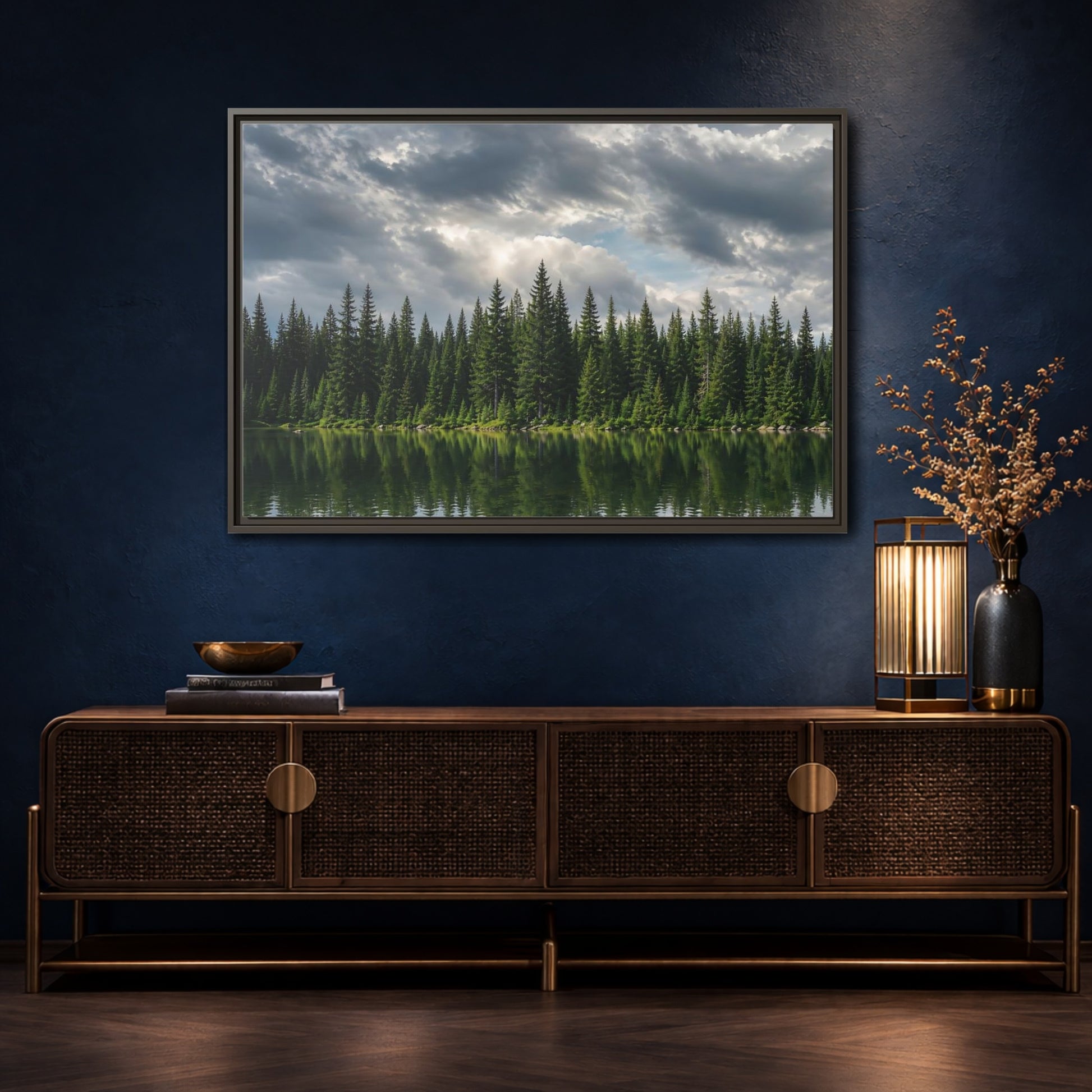 Mockup 4. Nature Pine Forest Pine Forest Lake shown as stretched canvas wall art