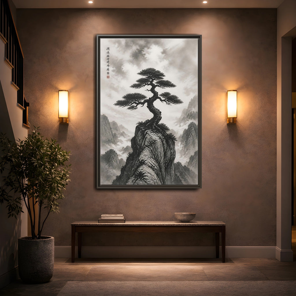 Mockup 2. Nature Pine Tree Black And White Pine shown as stretched canvas wall art