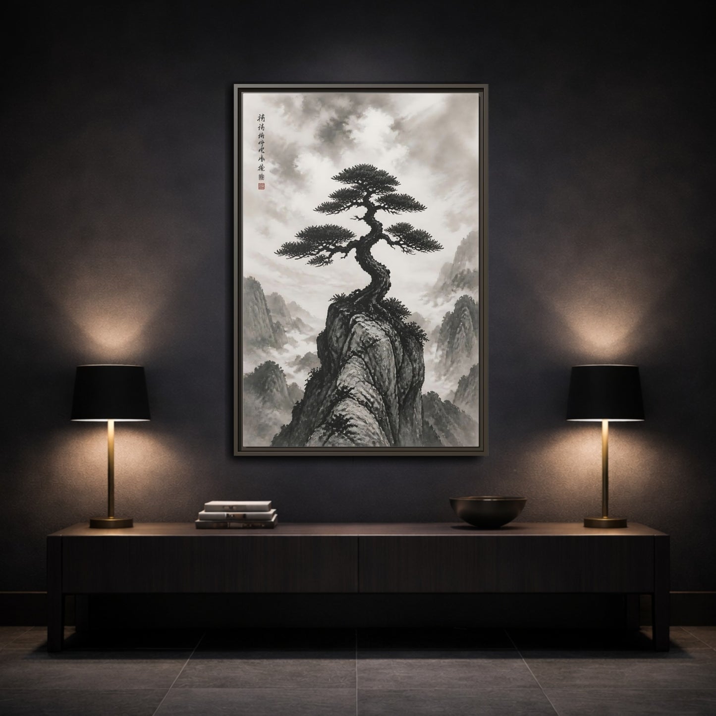 Nature Pine Tree Black and White Framed Canvas Wall Art - Living Room shown as canvas wall art