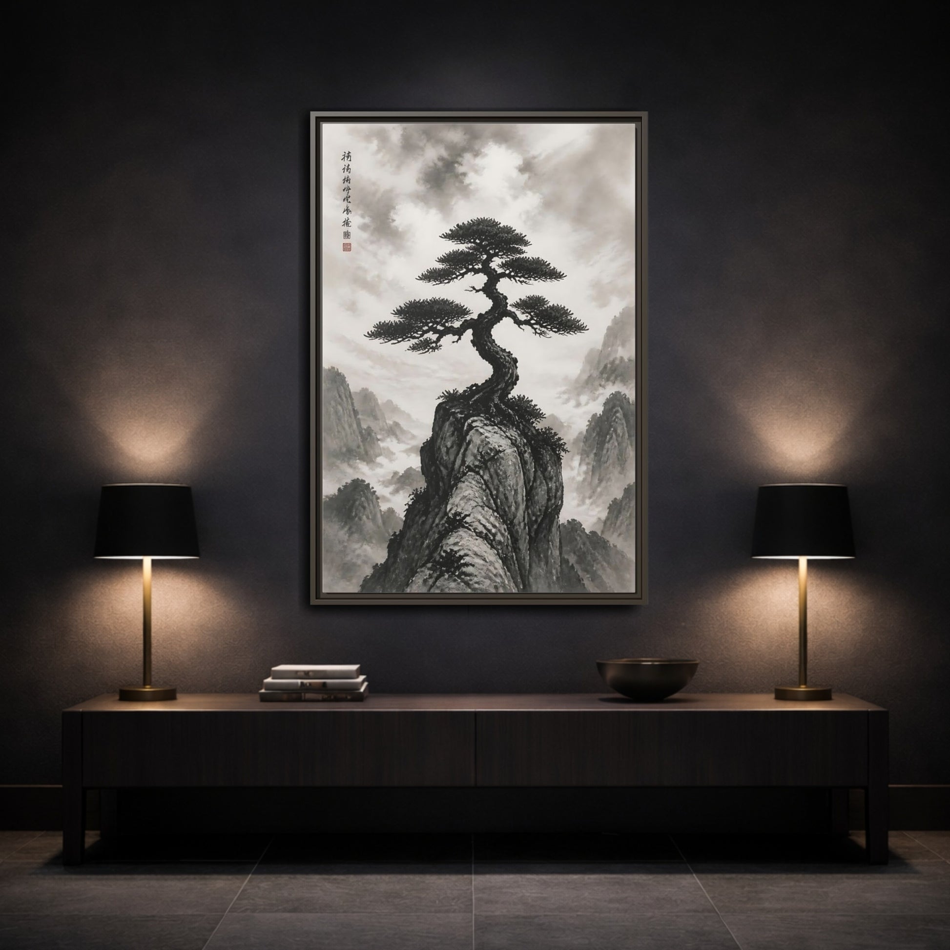 Nature Pine Tree Black and White Framed Canvas Wall Art - Living Room shown as canvas wall art