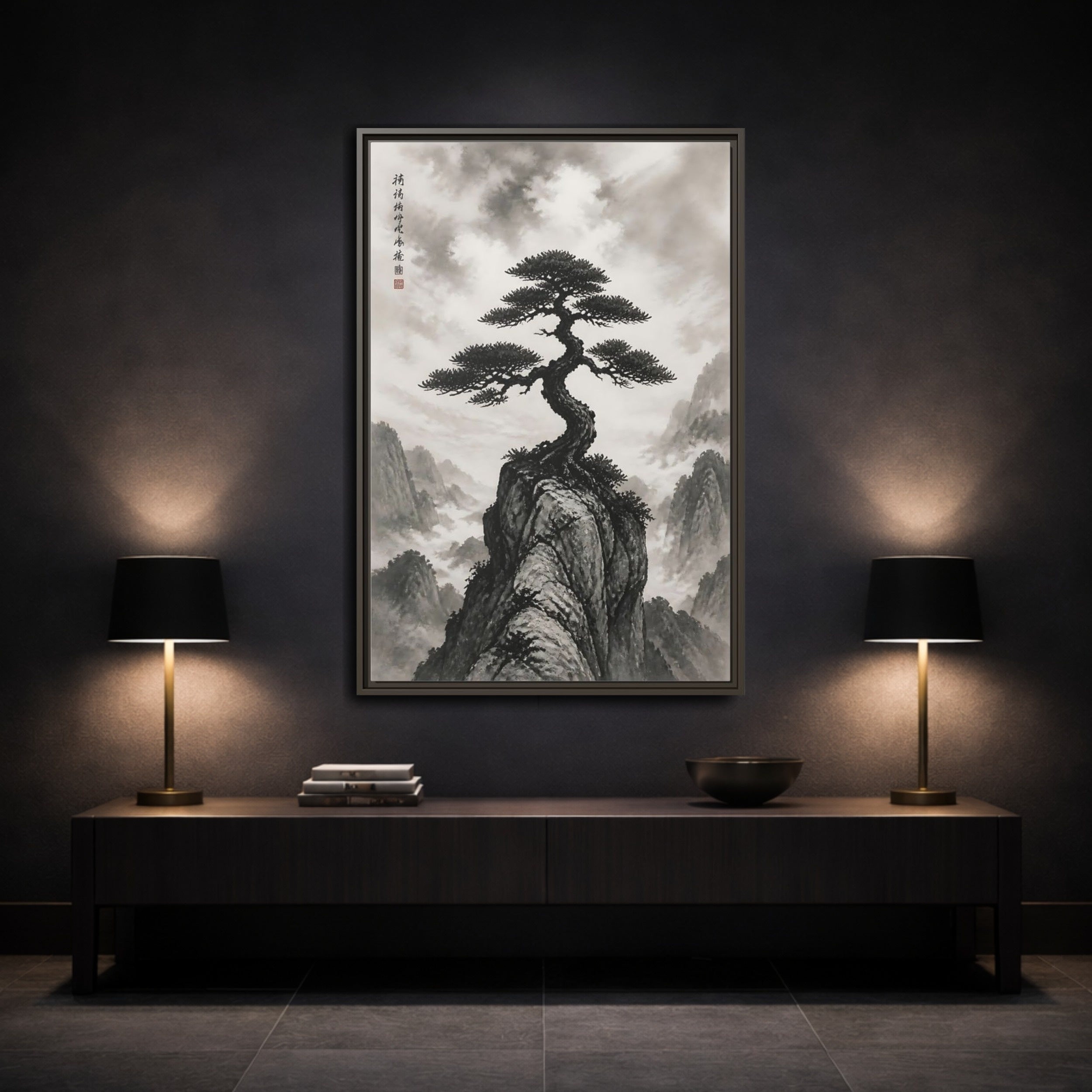 Mockup 3. Nature Pine Tree Black And White Pine shown as stretched canvas wall art