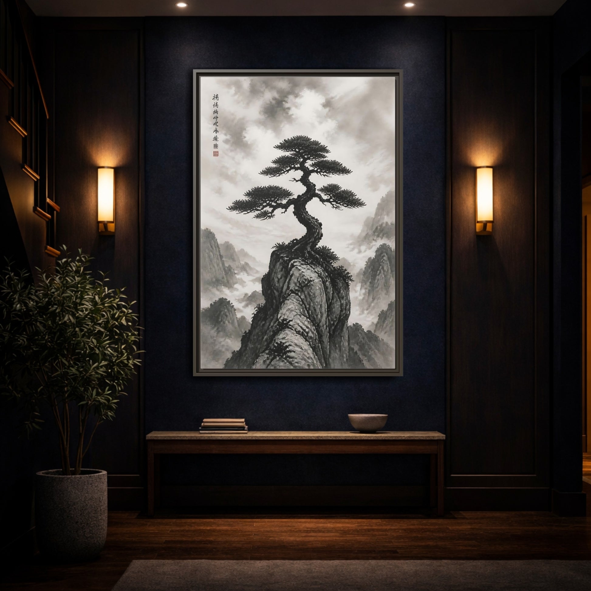 Nature Pine Tree Black and White Framed Canvas Wall Art - Living Room shown as canvas wall art