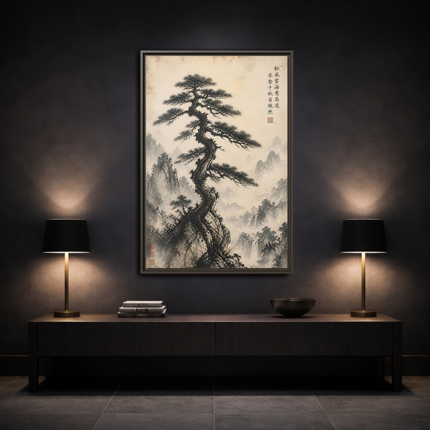 Mockup 3. Nature Pine Tree Brown And Black shown as stretched canvas wall art