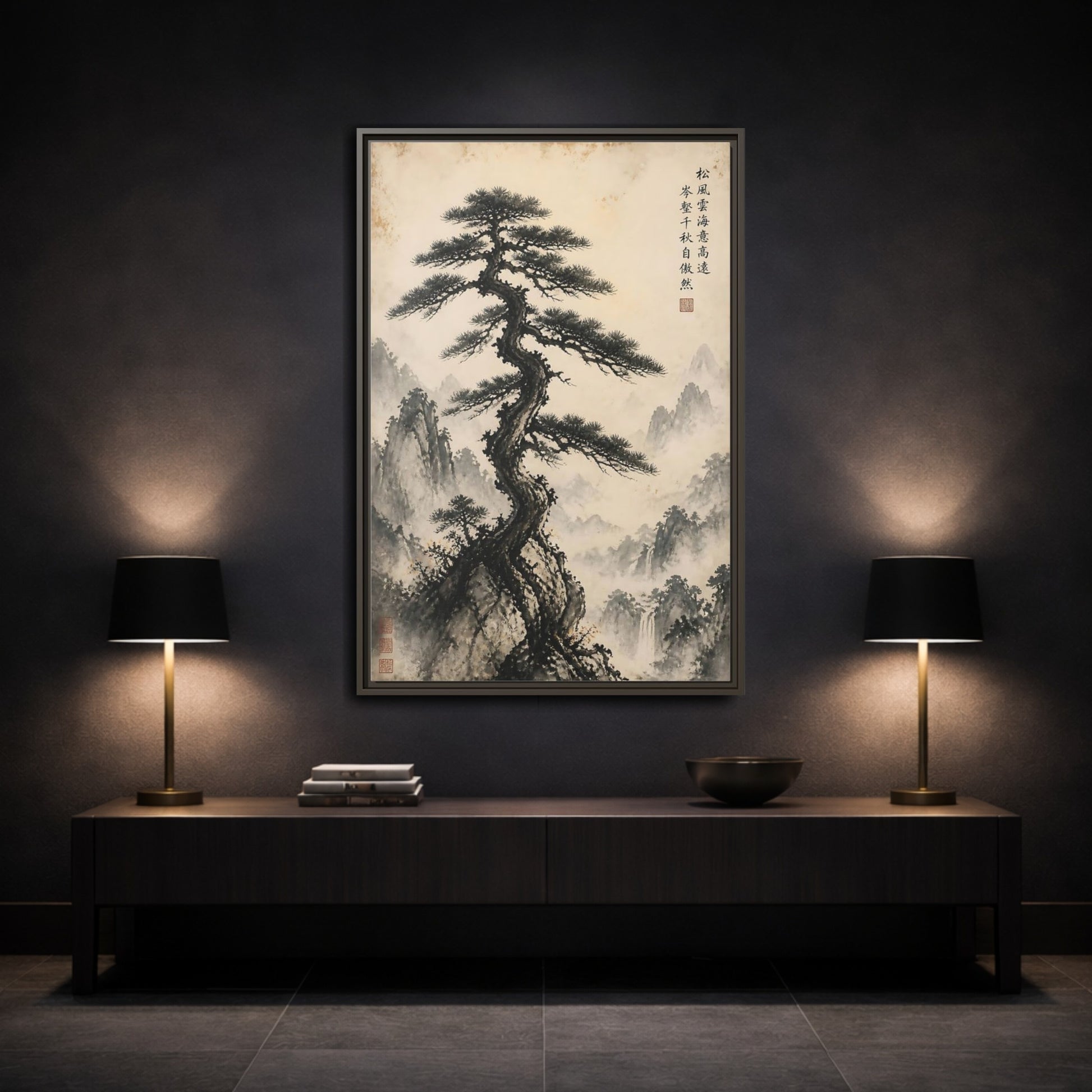 Mockup 3. Nature Pine Tree Brown And Black shown as stretched canvas wall art