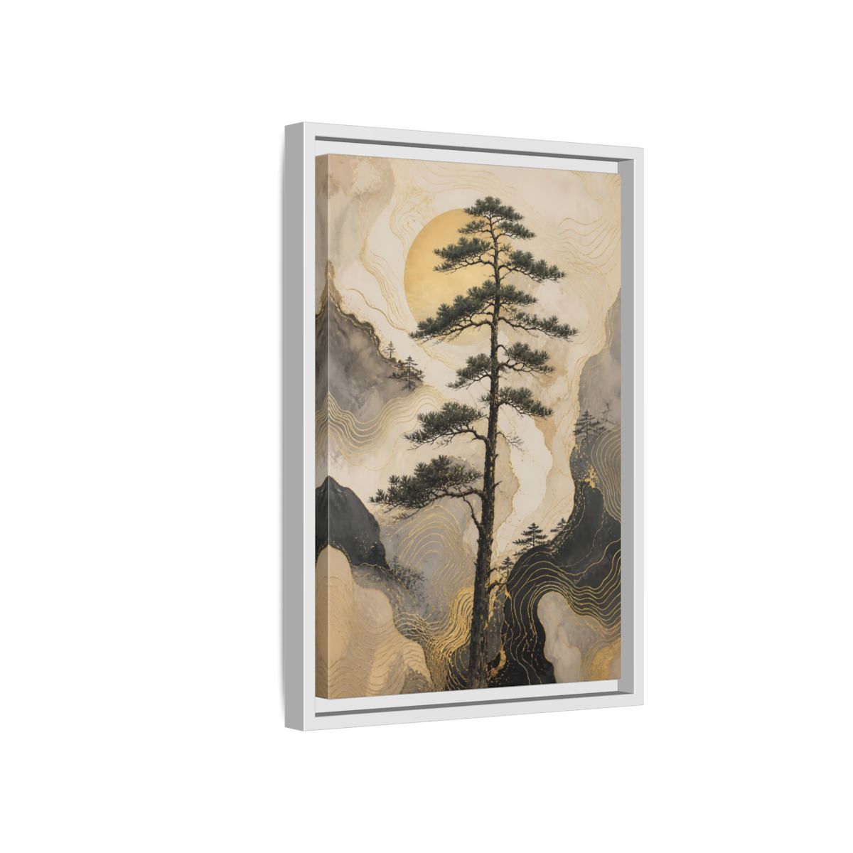 Side Mockup 4. Nature Pine Tree Gold Mountain Tree shown as stretched canvas wall art