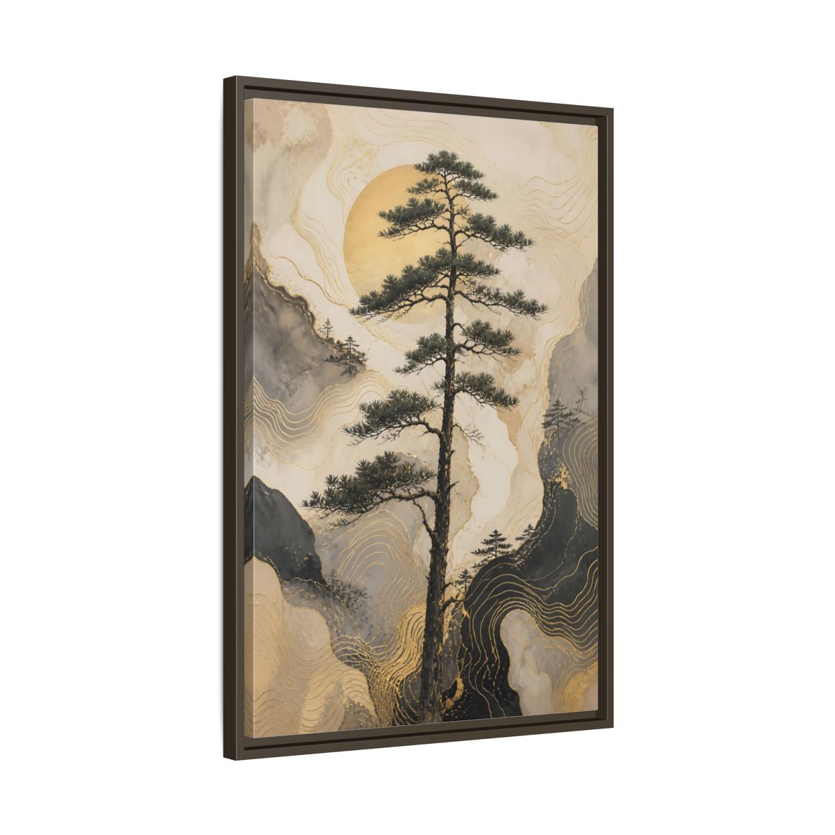 Side Mockup 11. Nature Pine Tree Gold Mountain Tree shown as stretched canvas wall art