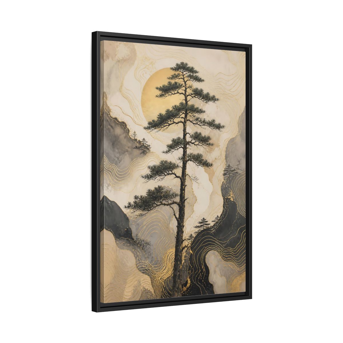 Side Mockup 14. Nature Pine Tree Gold Mountain Tree shown as stretched canvas wall art