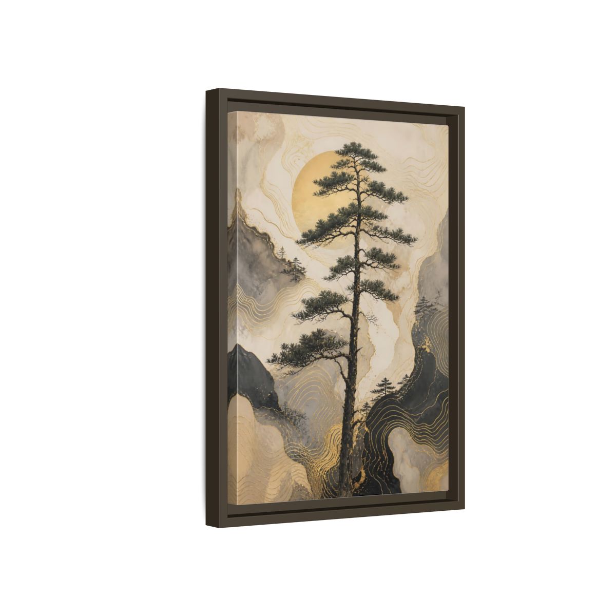 Side Mockup 5. Nature Pine Tree Gold Mountain Tree shown as stretched canvas wall art