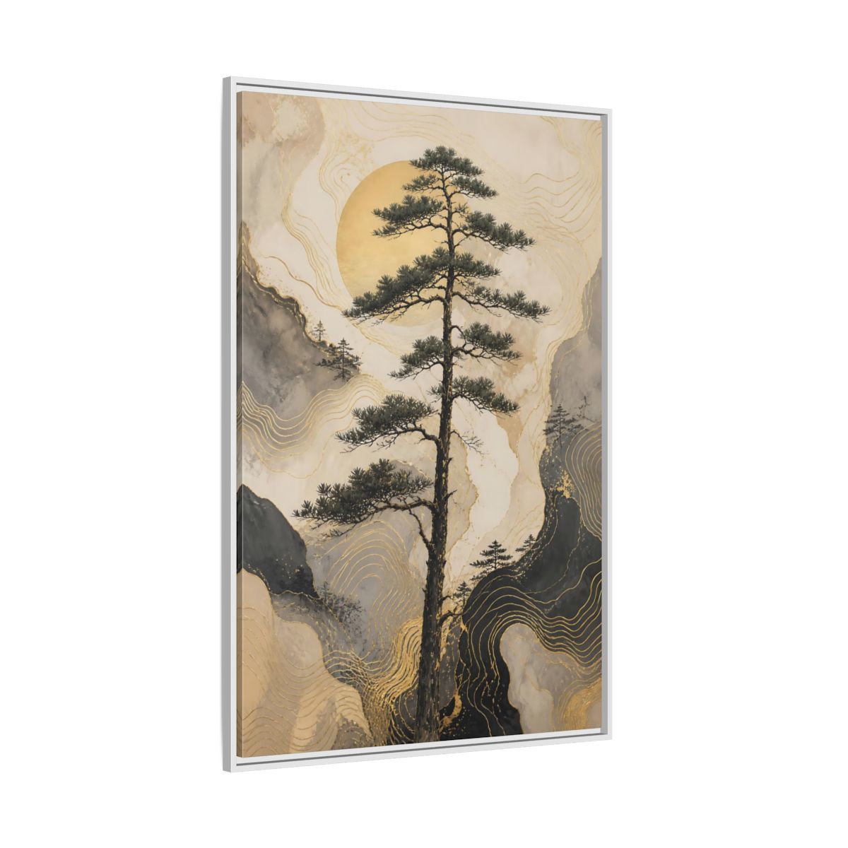 Side Mockup 7. Nature Pine Tree Gold Mountain Tree shown as stretched canvas wall art