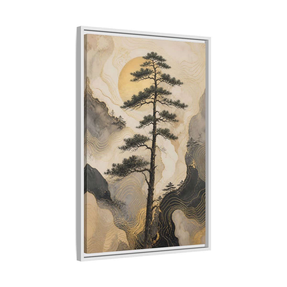 Side Mockup 10. Nature Pine Tree Gold Mountain Tree shown as stretched canvas wall art