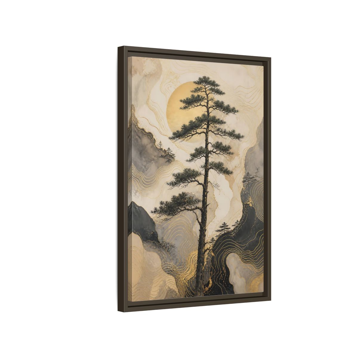 Side Mockup 2. Nature Pine Tree Gold Mountain Tree shown as stretched canvas wall art