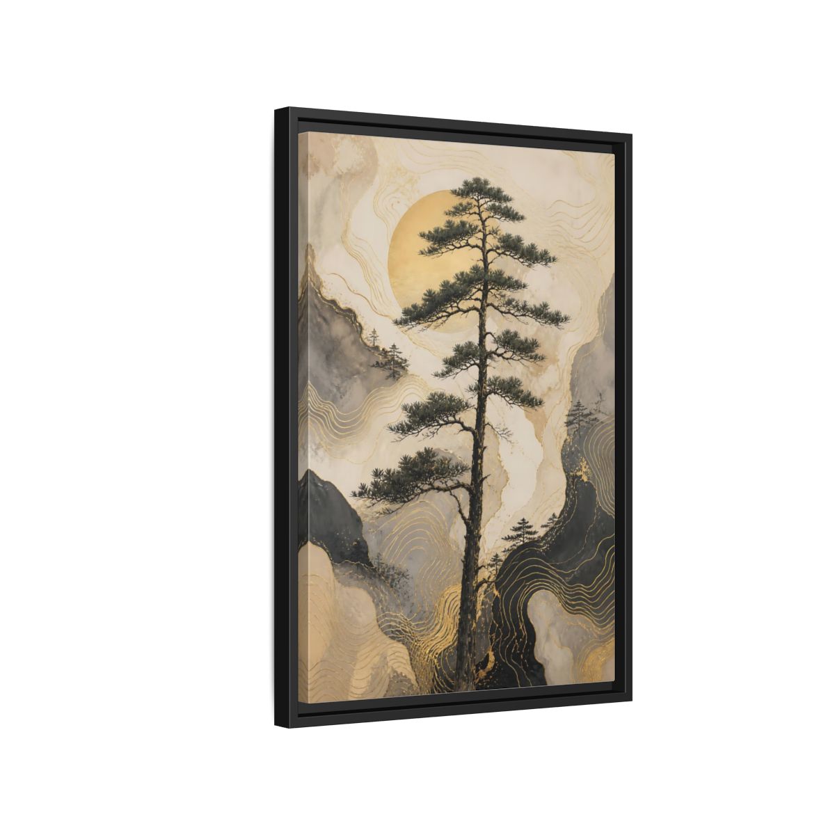 Side Mockup 3. Nature Pine Tree Gold Mountain Tree shown as stretched canvas wall art