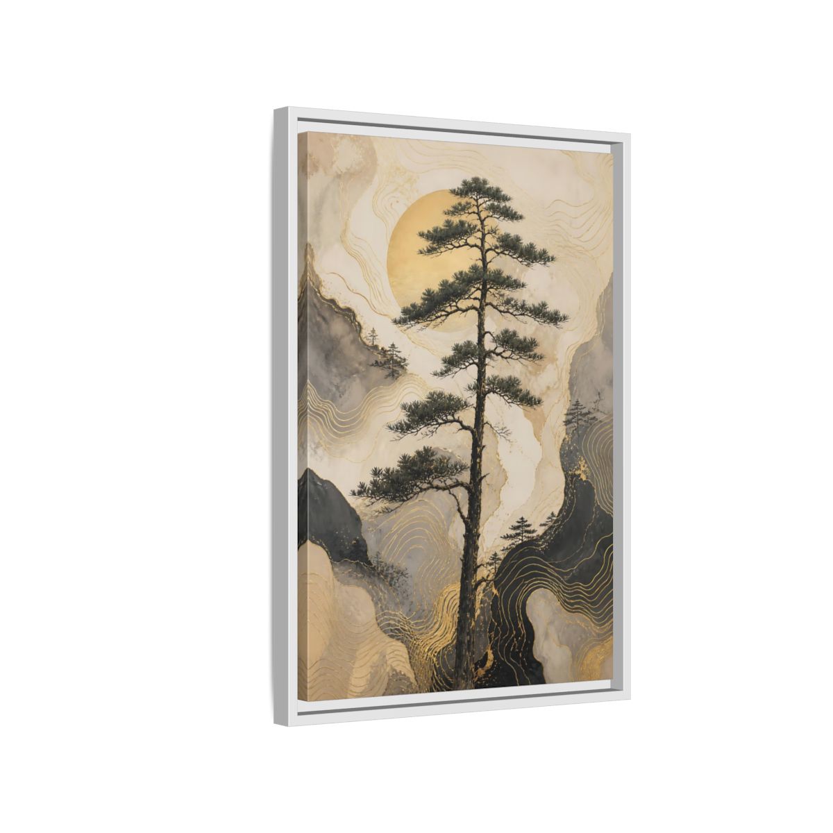 Side Mockup 1. Nature Pine Tree Gold Mountain Tree shown as stretched canvas wall art