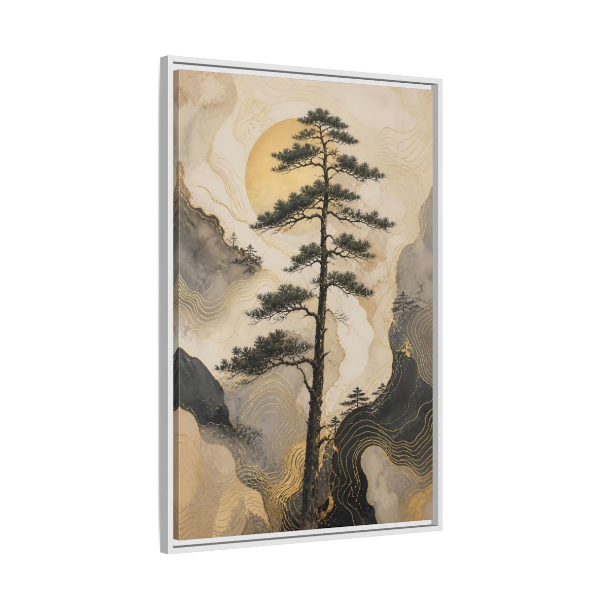 Side Mockup 9. Nature Pine Tree Gold Mountain Tree shown as stretched canvas wall art