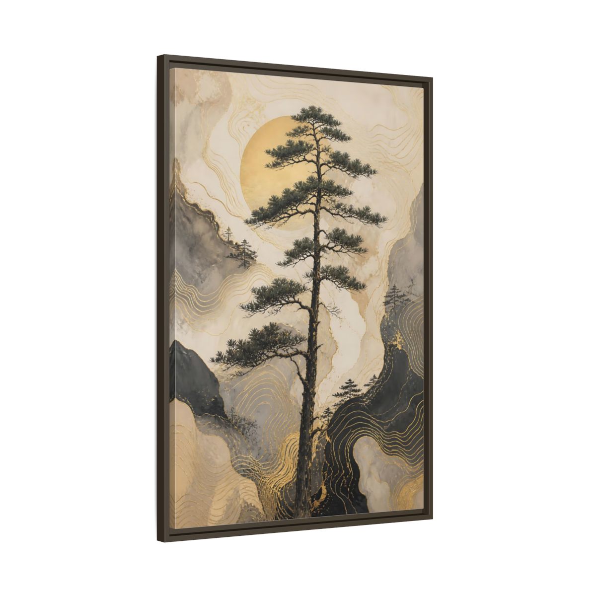 Main Mockup. Nature Pine Tree Gold Mountain Tree shown as stretched canvas wall art