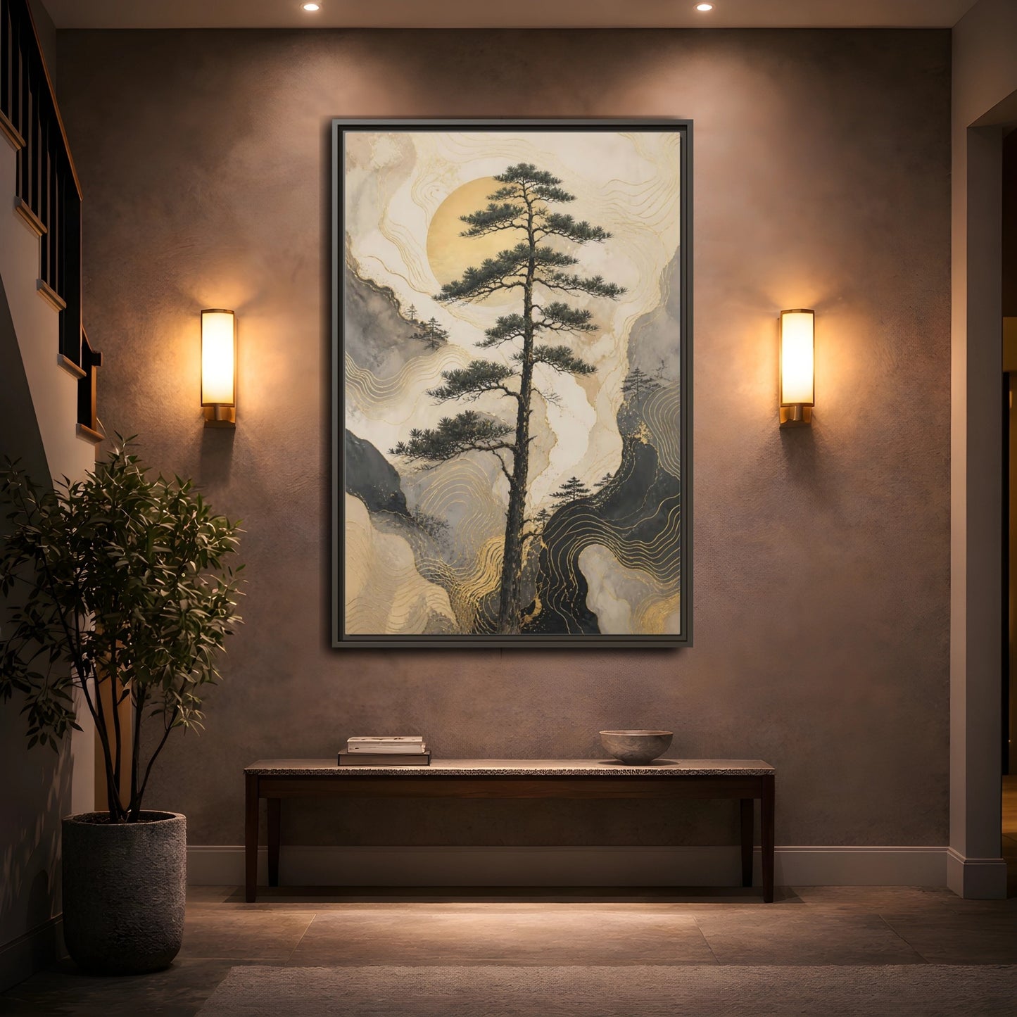 Mockup 2. Nature Pine Tree Gold Mountain Tree shown as stretched canvas wall art