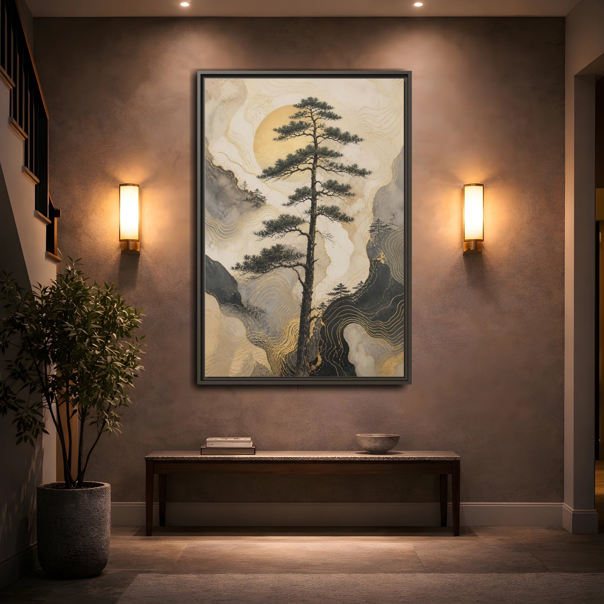 Mockup 2. Nature Pine Tree Gold Mountain Tree shown as stretched canvas wall art
