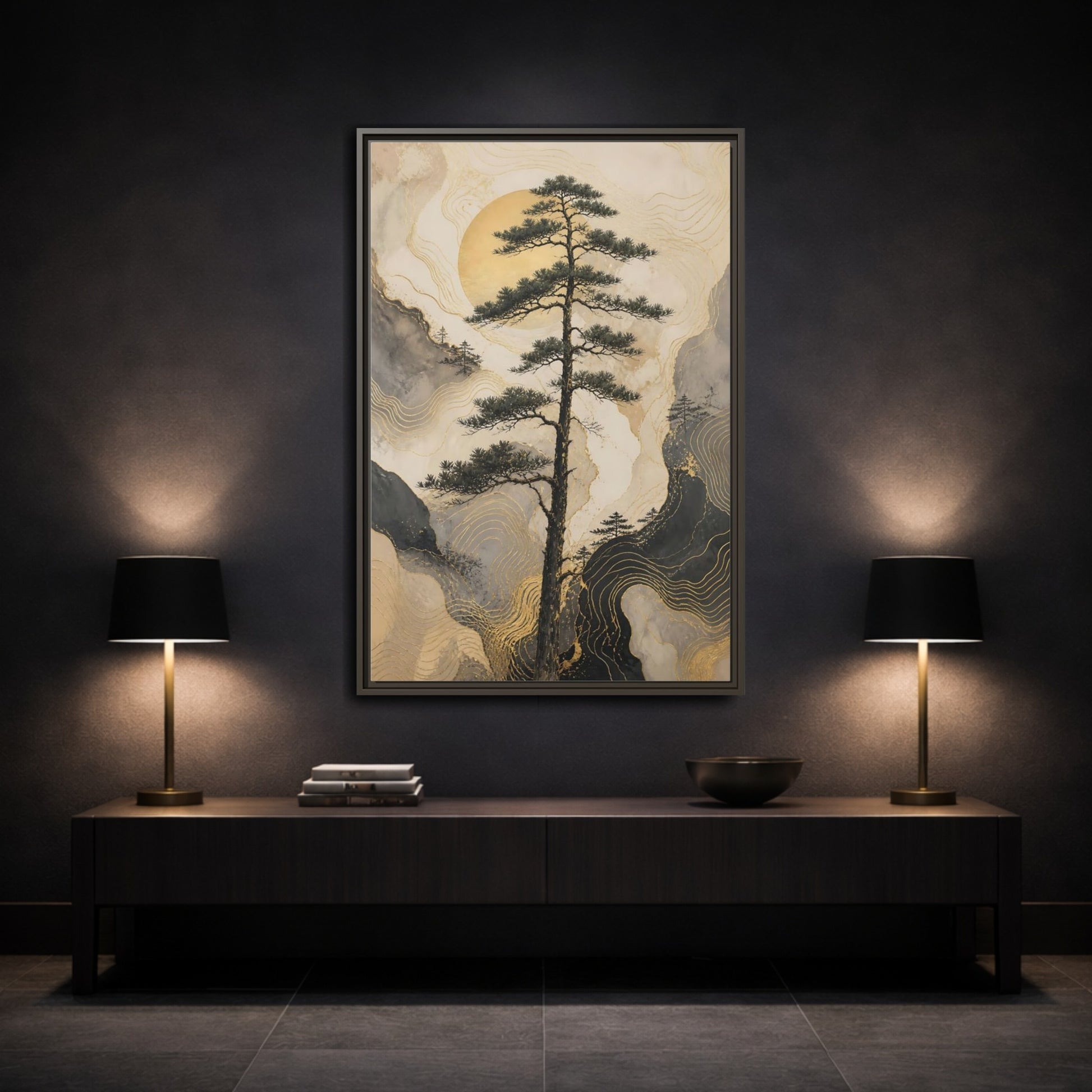 Mockup 3. Nature Pine Tree Gold Mountain Tree shown as stretched canvas wall art