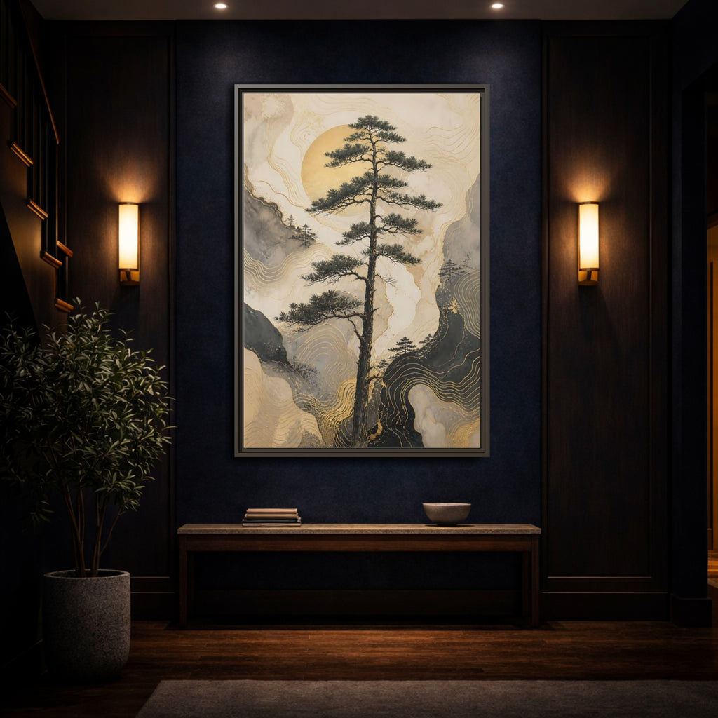 Mockup 4. Nature Pine Tree Gold Mountain Tree shown as stretched canvas wall art