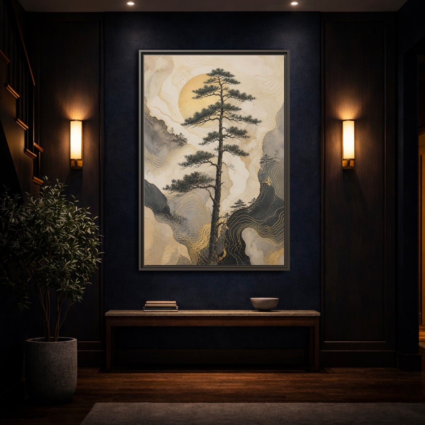Mockup 4. Nature Pine Tree Gold Mountain Tree shown as stretched canvas wall art