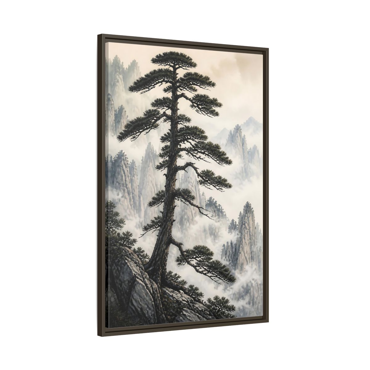 Nature Pine Tree Green and Gray Framed Canvas Wall Art - Asian Living Room, Above Console Table shown as canvas wall art