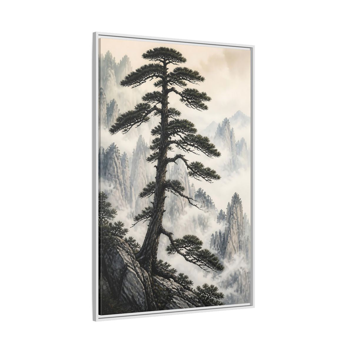 Nature Pine Tree Green and Gray Framed Canvas Wall Art - Asian Living Room, Above Console Table shown as canvas wall art