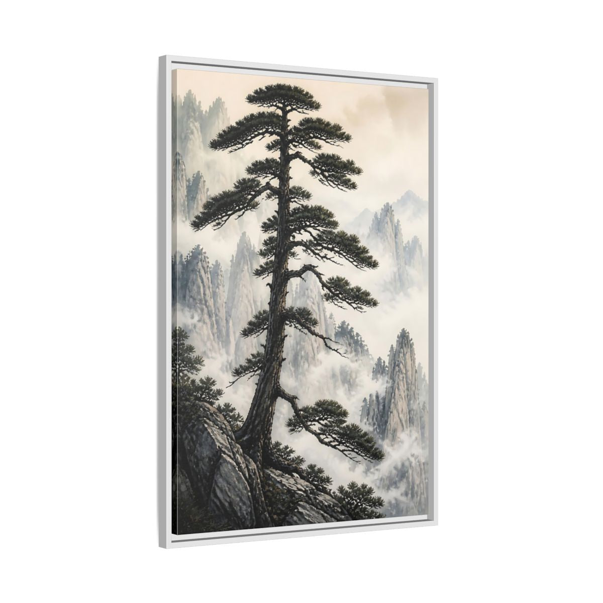 Nature Pine Tree Green and Gray Framed Canvas Wall Art - Asian Living Room, Above Console Table shown as canvas wall art