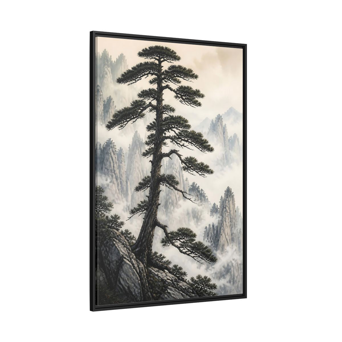 Nature Pine Tree Green and Gray Framed Canvas Wall Art - Asian Living Room, Above Console Table shown as canvas wall art