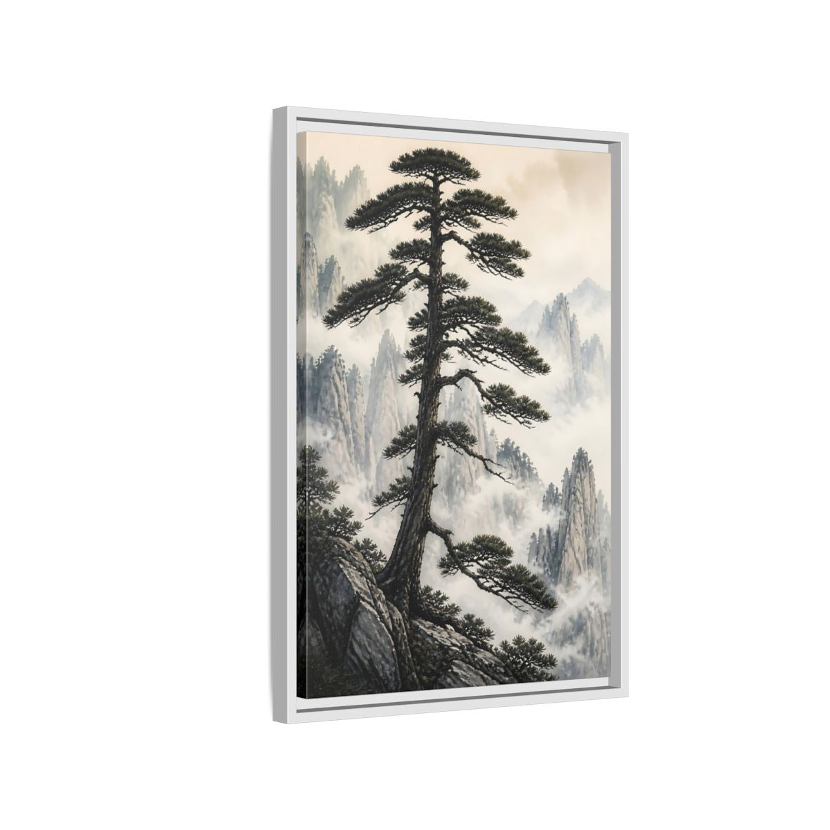 Nature Pine Tree Green and Gray Framed Canvas Wall Art - Asian Living Room, Above Console Table shown as canvas wall art