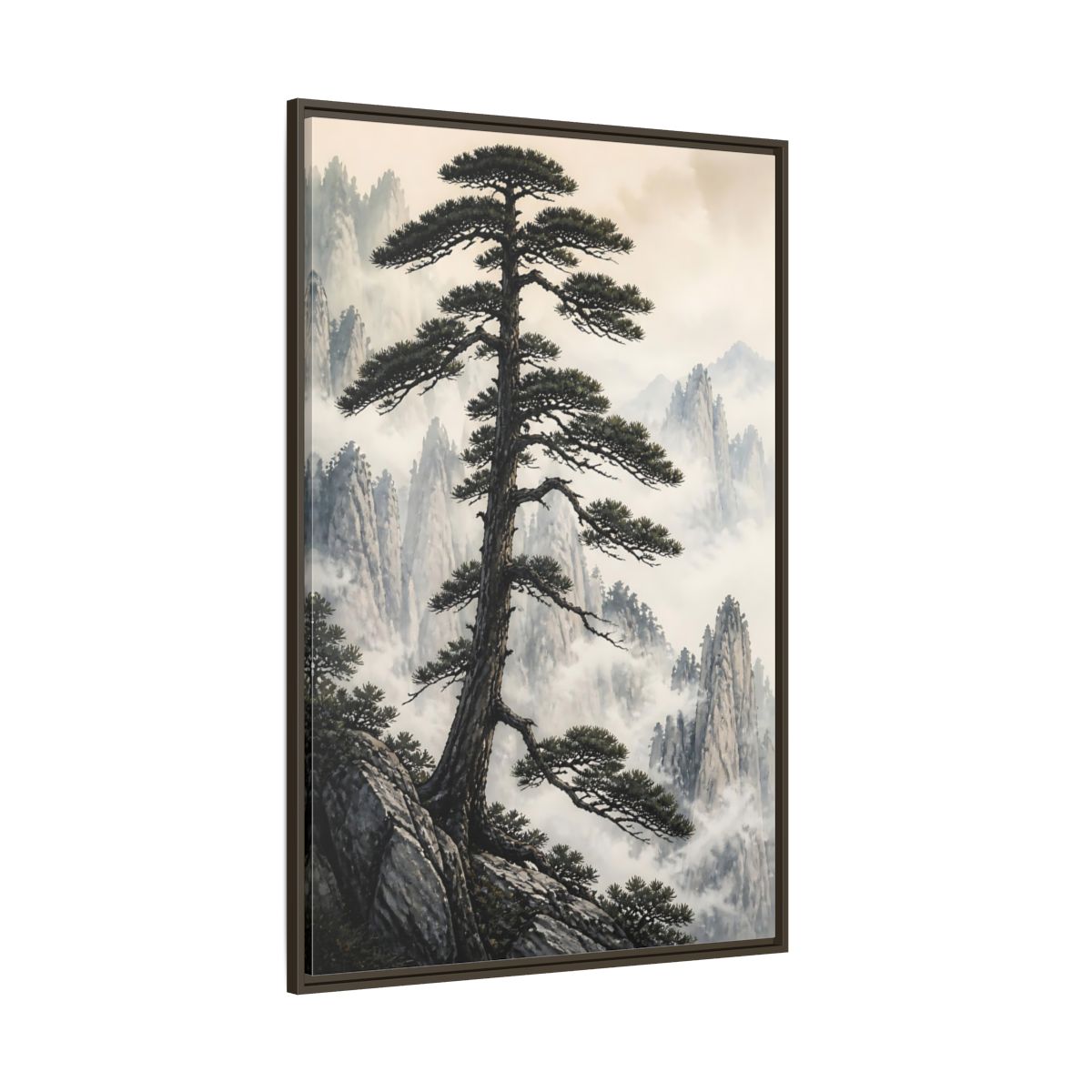 Nature Pine Tree Green and Gray Framed Canvas Wall Art - Asian Living Room, Above Console Table shown as canvas wall art