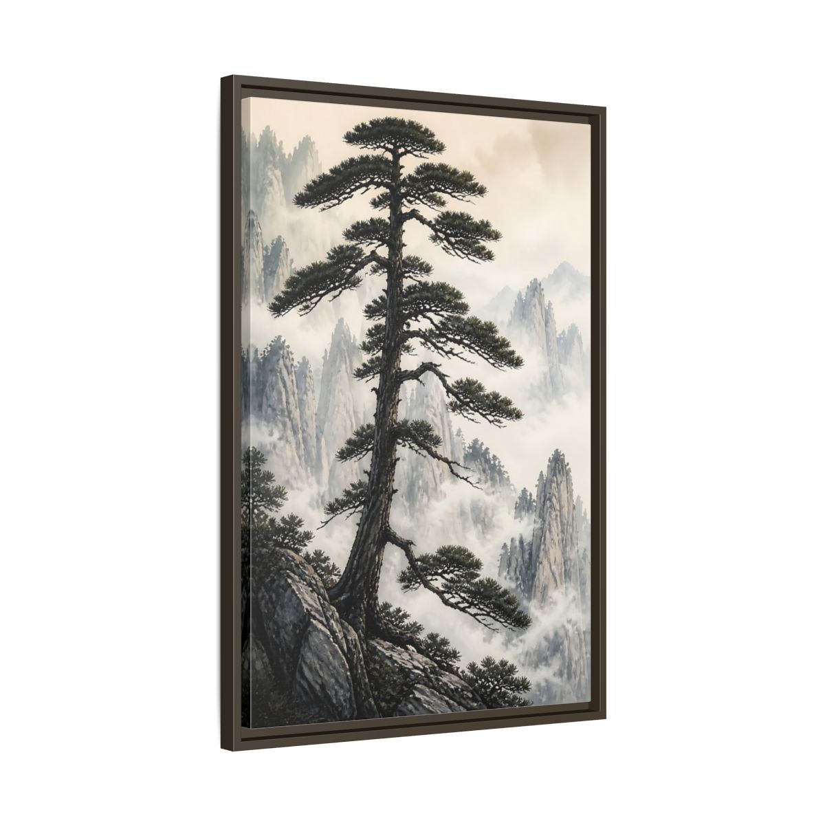 Nature Pine Tree Green and Gray Framed Canvas Wall Art - Asian Living Room, Above Console Table shown as canvas wall art