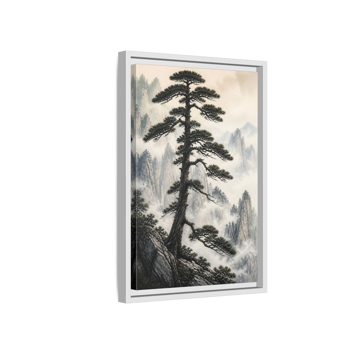 Nature Pine Tree Green and Gray Framed Canvas Wall Art - Asian Living Room, Above Console Table shown as canvas wall art