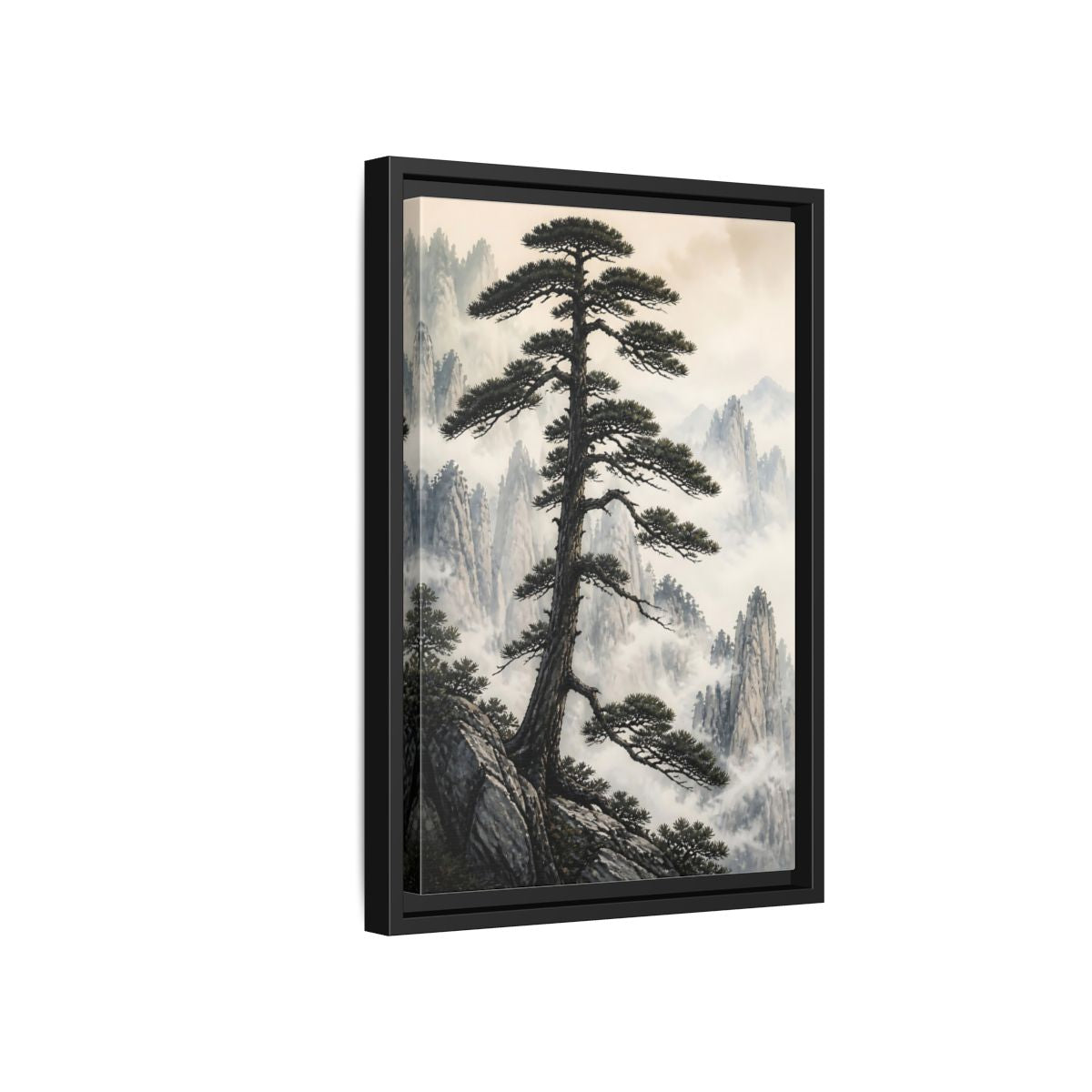 Nature Pine Tree Green and Gray Framed Canvas Wall Art - Asian Living Room, Above Console Table shown as canvas wall art