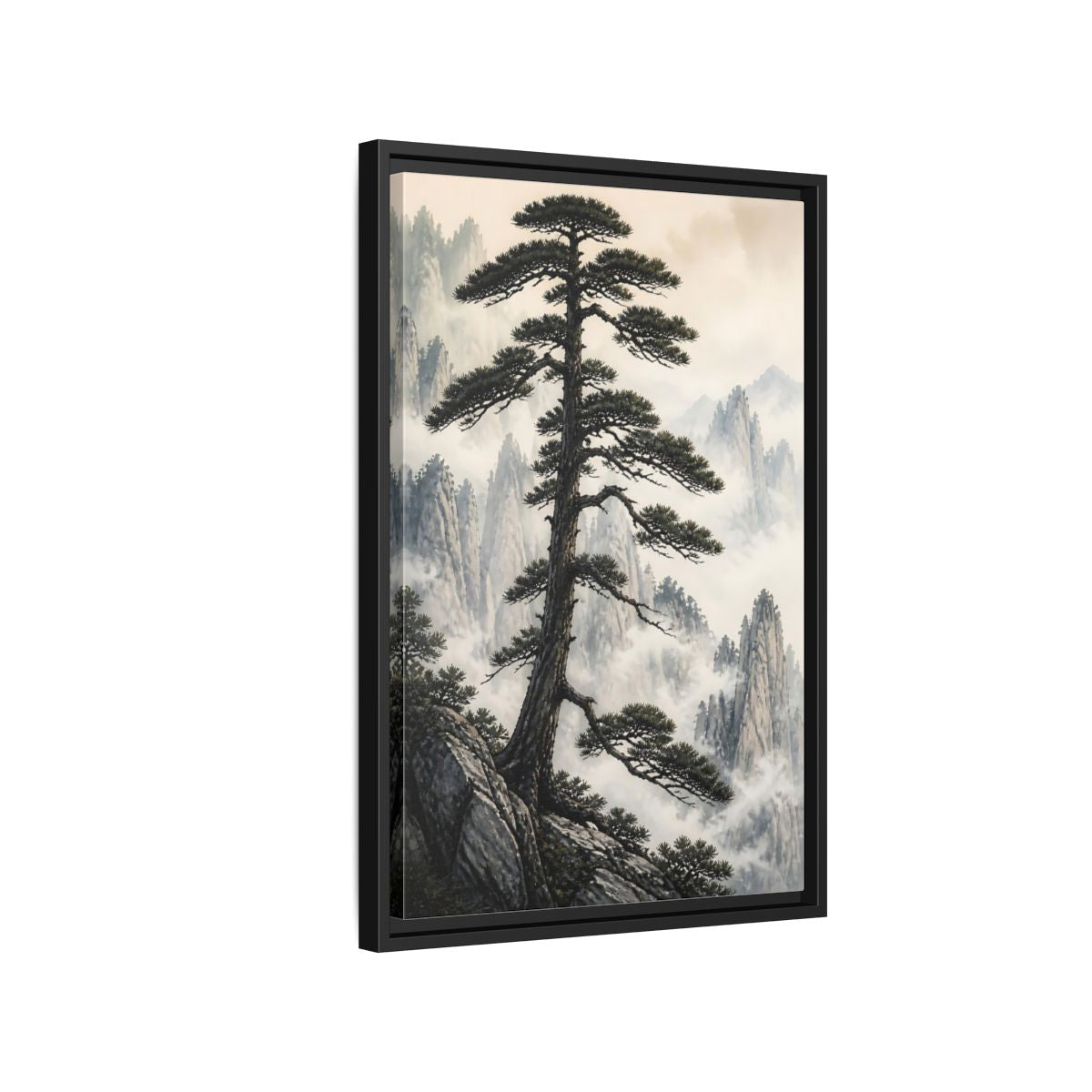 Nature Pine Tree Green and Gray Framed Canvas Wall Art - Asian Living Room, Above Console Table shown as canvas wall art