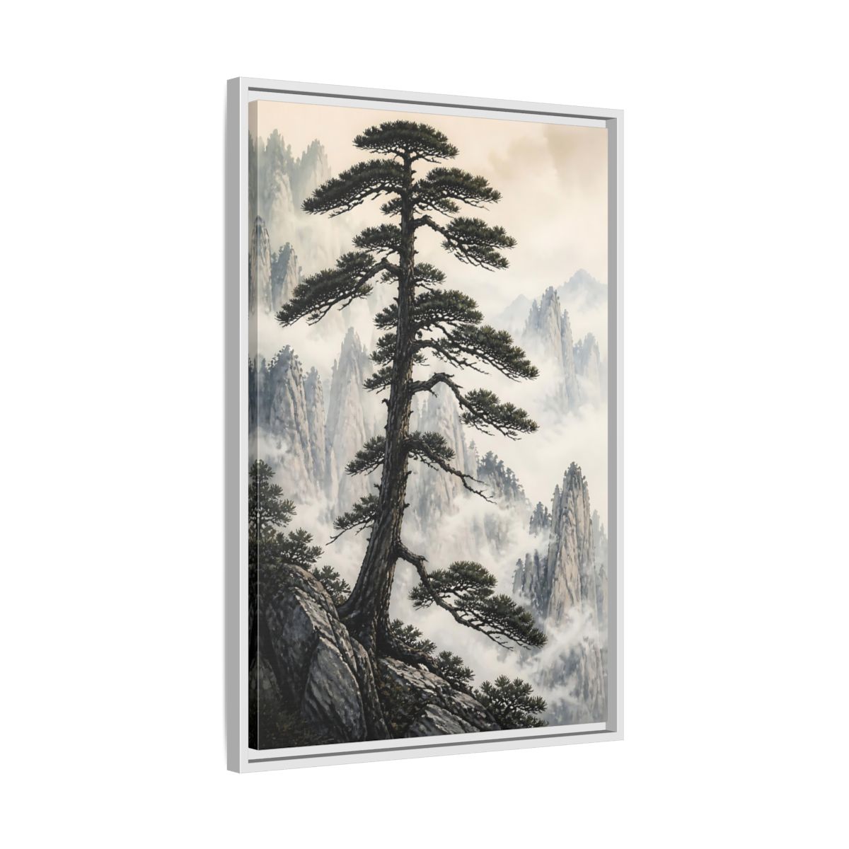 Nature Pine Tree Green and Gray Framed Canvas Wall Art - Asian Living Room, Above Console Table shown as canvas wall art