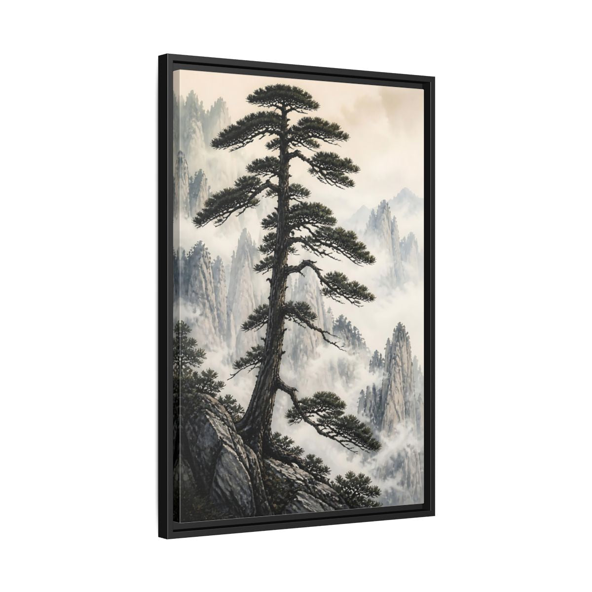 Nature Pine Tree Green and Gray Framed Canvas Wall Art - Asian Living Room, Above Console Table shown as canvas wall art