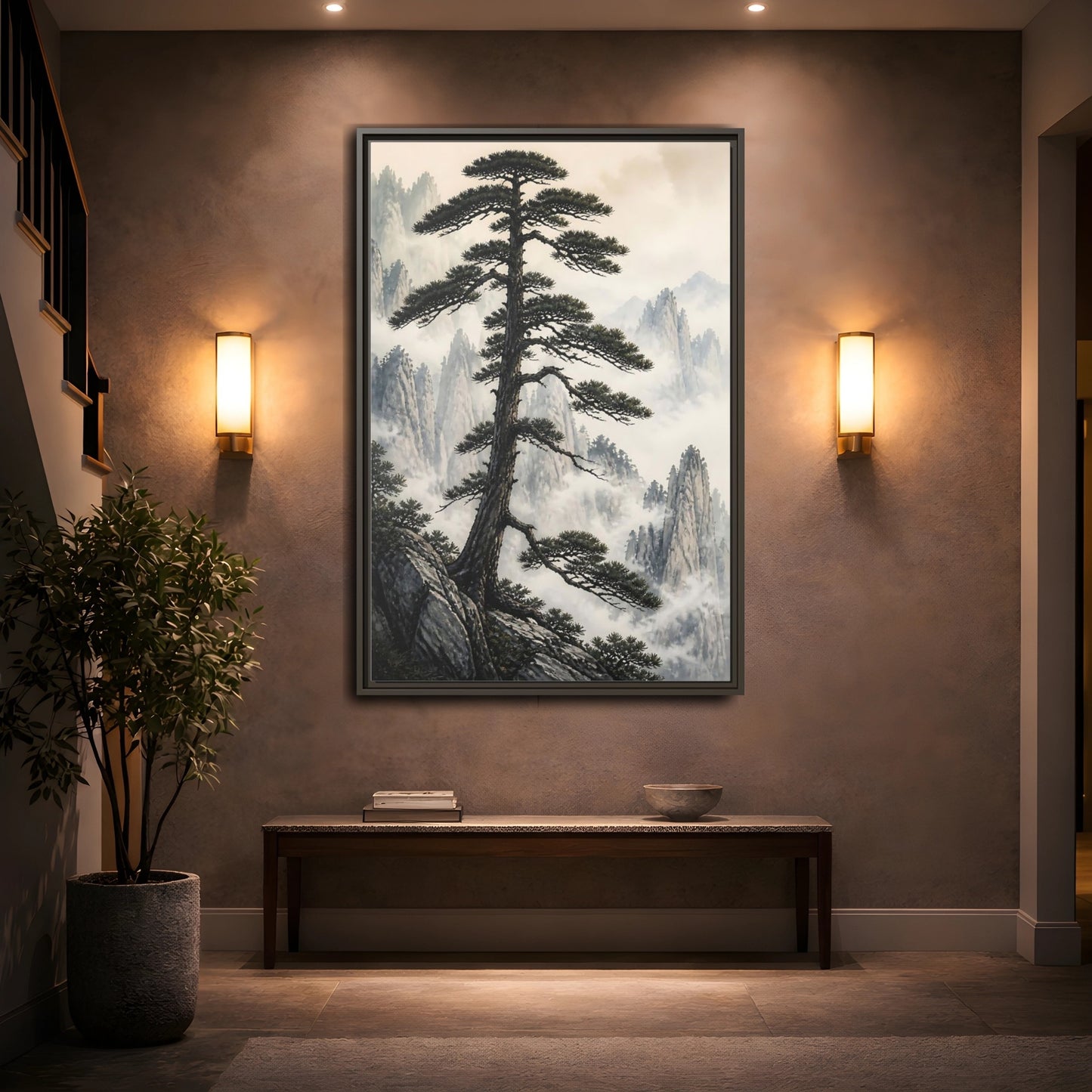 Nature Pine Tree Green and Gray Framed Canvas Wall Art - Asian Living Room, Above Console Table shown as canvas wall art