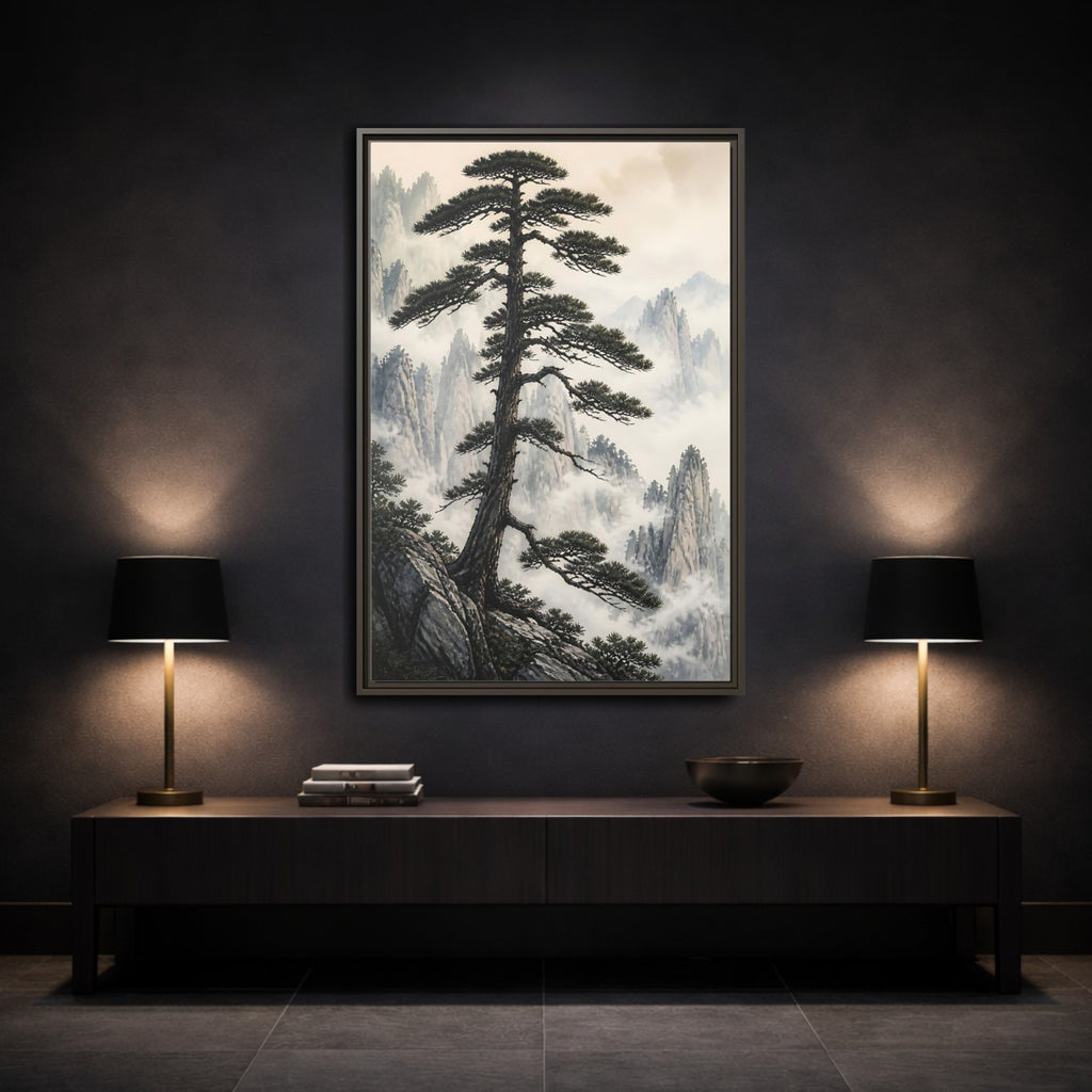 Mockup 3. Nature Pine Tree Green And Gray shown as stretched canvas wall art