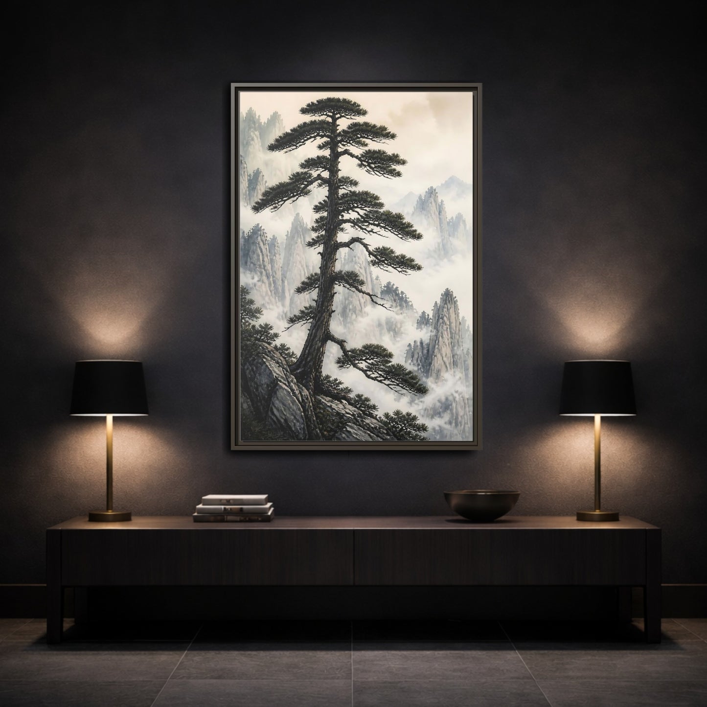 Nature Pine Tree Green and Gray Framed Canvas Wall Art - Asian Living Room, Above Console Table shown as canvas wall art