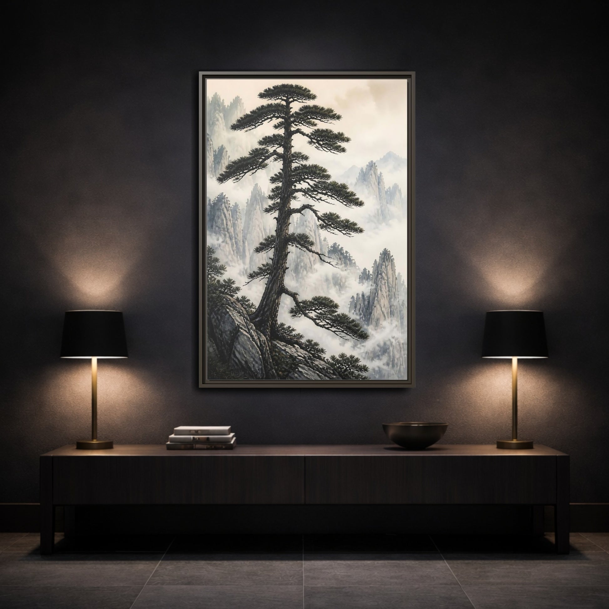 Nature Pine Tree Green and Gray Framed Canvas Wall Art - Asian Living Room, Above Console Table shown as canvas wall art