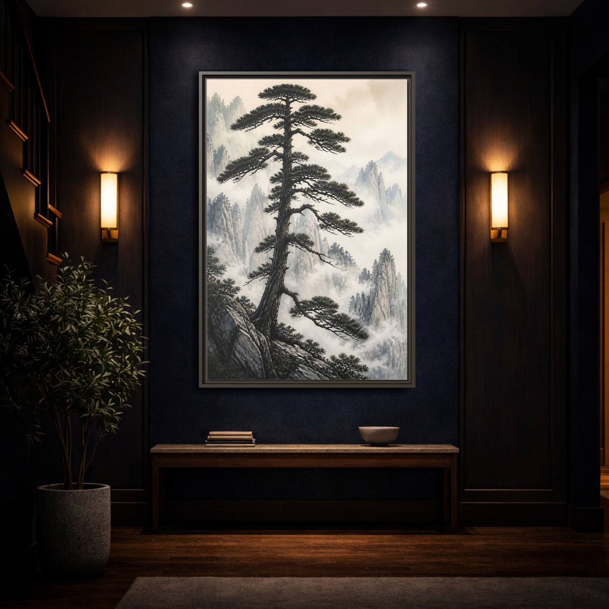 Nature Pine Tree Green and Gray Framed Canvas Wall Art - Asian Living Room, Above Console Table shown as canvas wall art