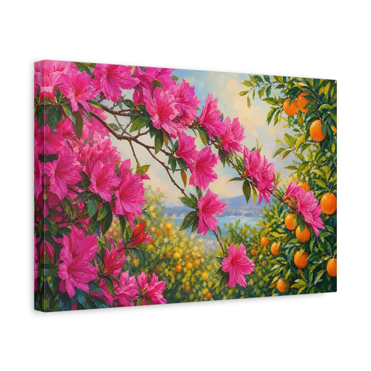 Side Mockup 4. Nature Pink Azaleas Pink Azaleas And Oranges shown as stretched canvas wall art