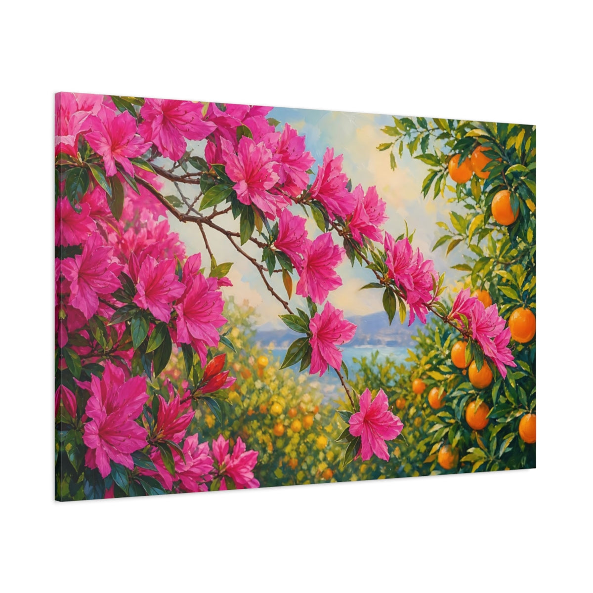 Side Mockup 1. Nature Pink Azaleas Pink Azaleas And Oranges shown as stretched canvas wall art