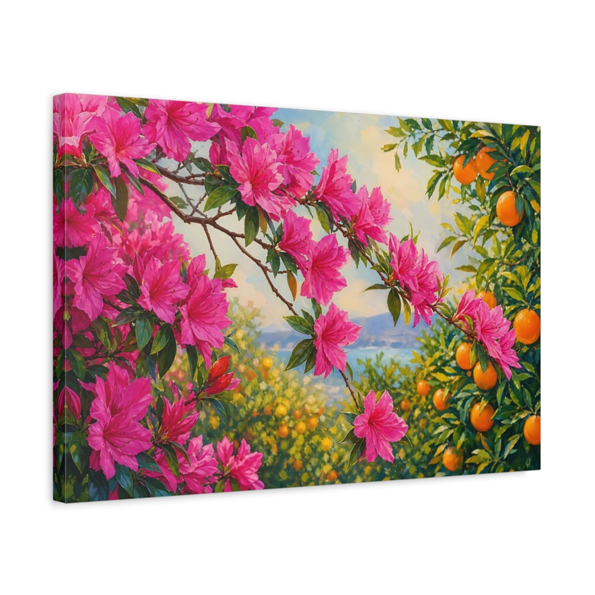 Side Mockup 3. Nature Pink Azaleas Pink Azaleas And Oranges shown as stretched canvas wall art
