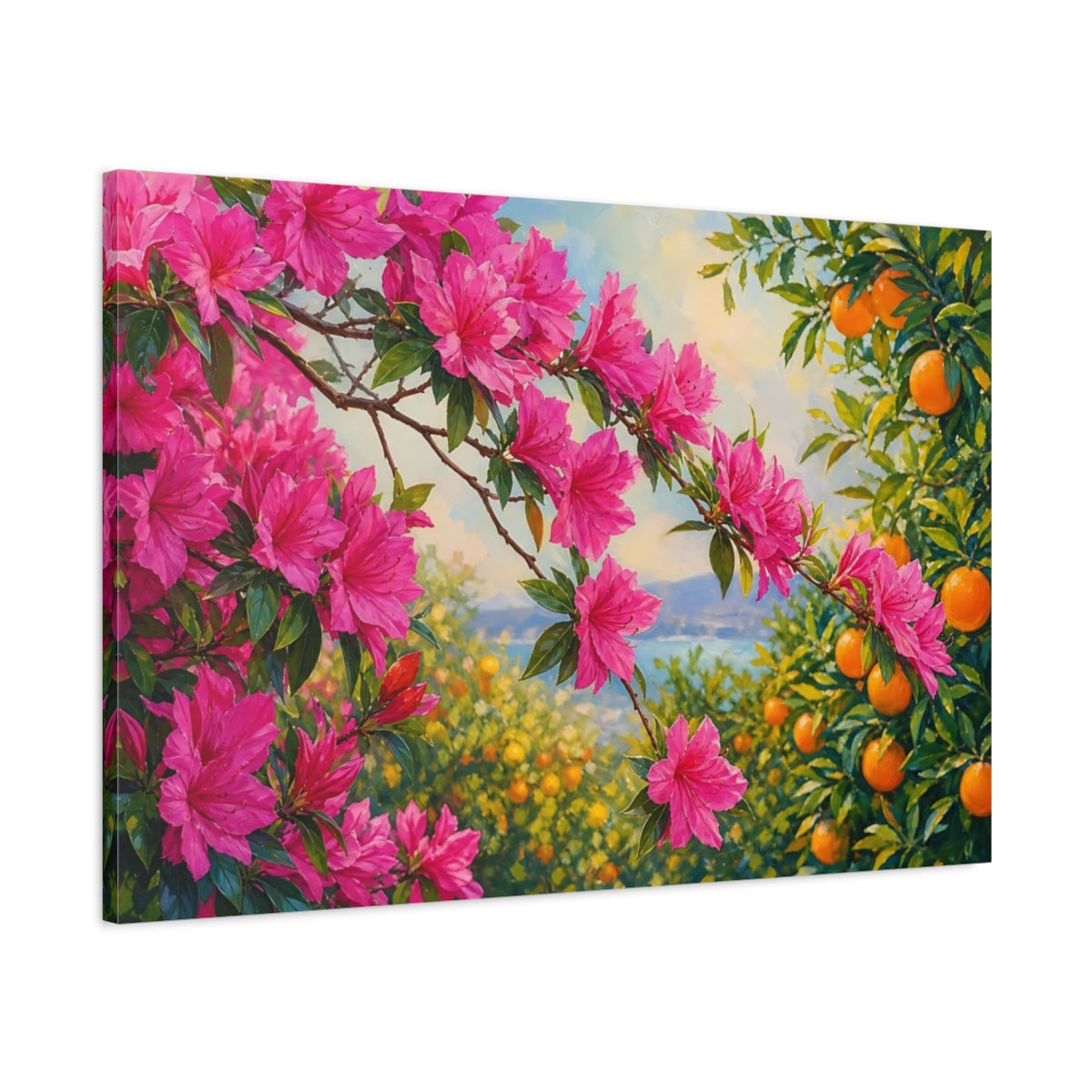 Main Mockup. Nature Pink Azaleas Pink Azaleas And Oranges shown as stretched canvas wall art