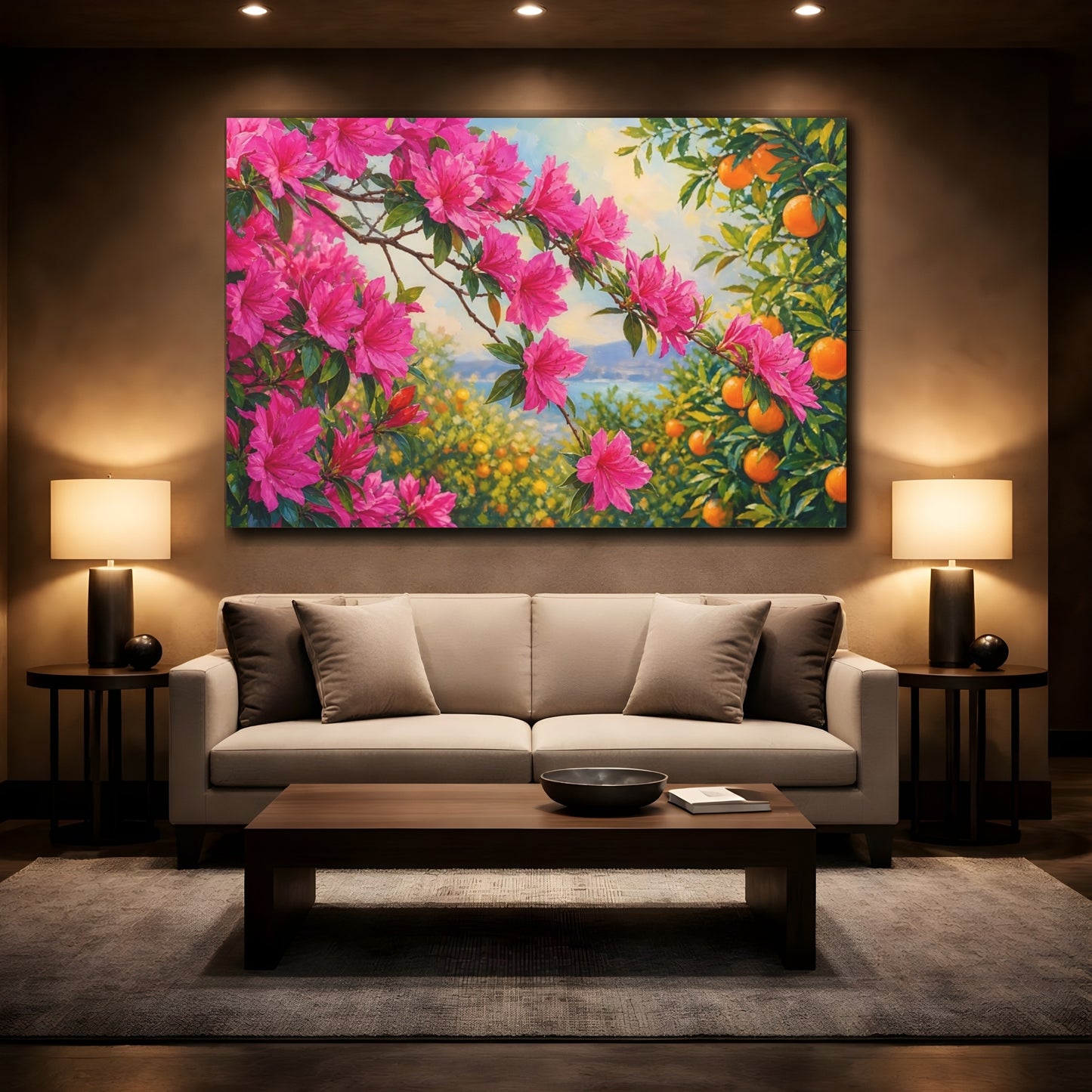 Mockup 2. Nature Pink Azaleas Pink Azaleas And Oranges shown as stretched canvas wall art