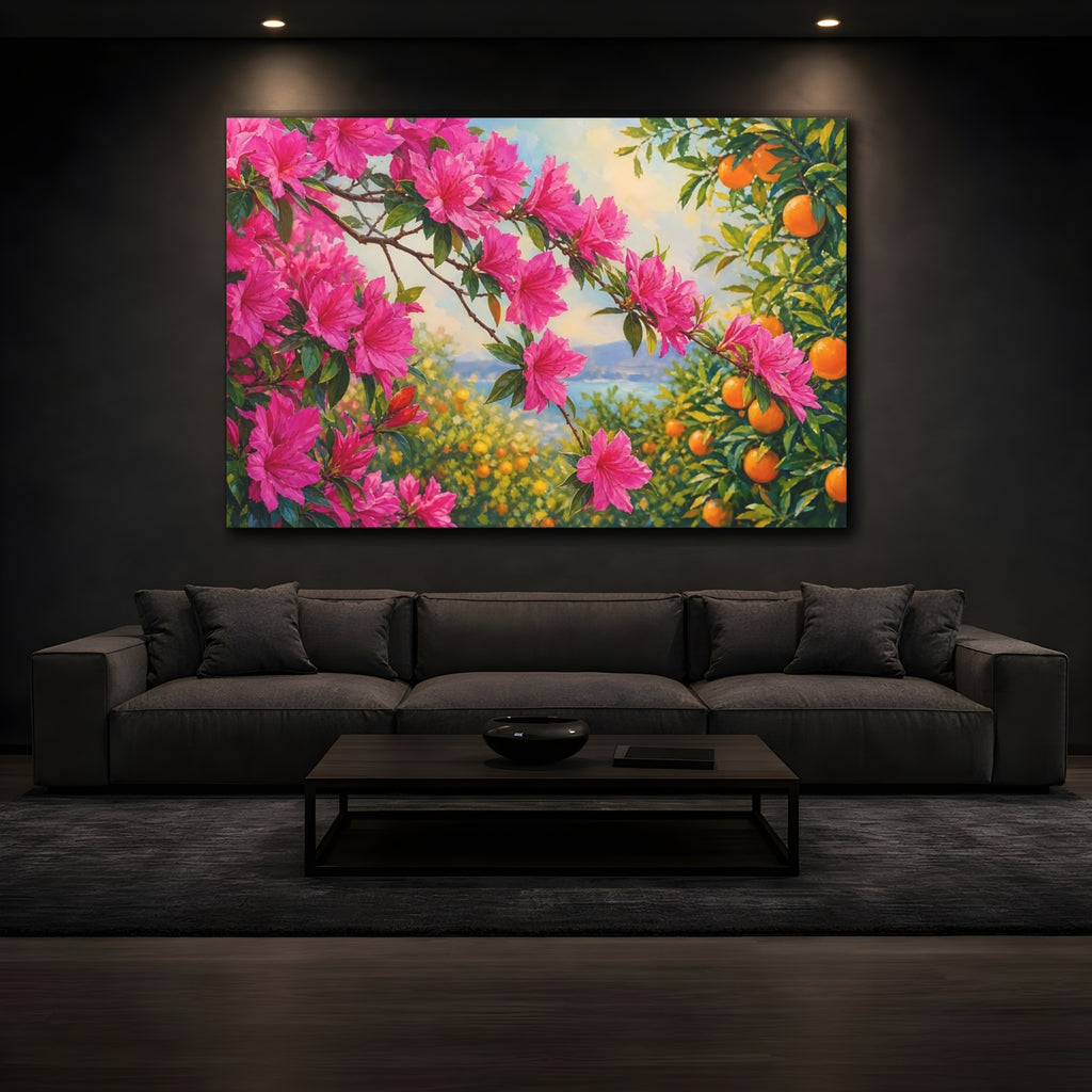 Mockup 3. Nature Pink Azaleas Pink Azaleas And Oranges shown as stretched canvas wall art