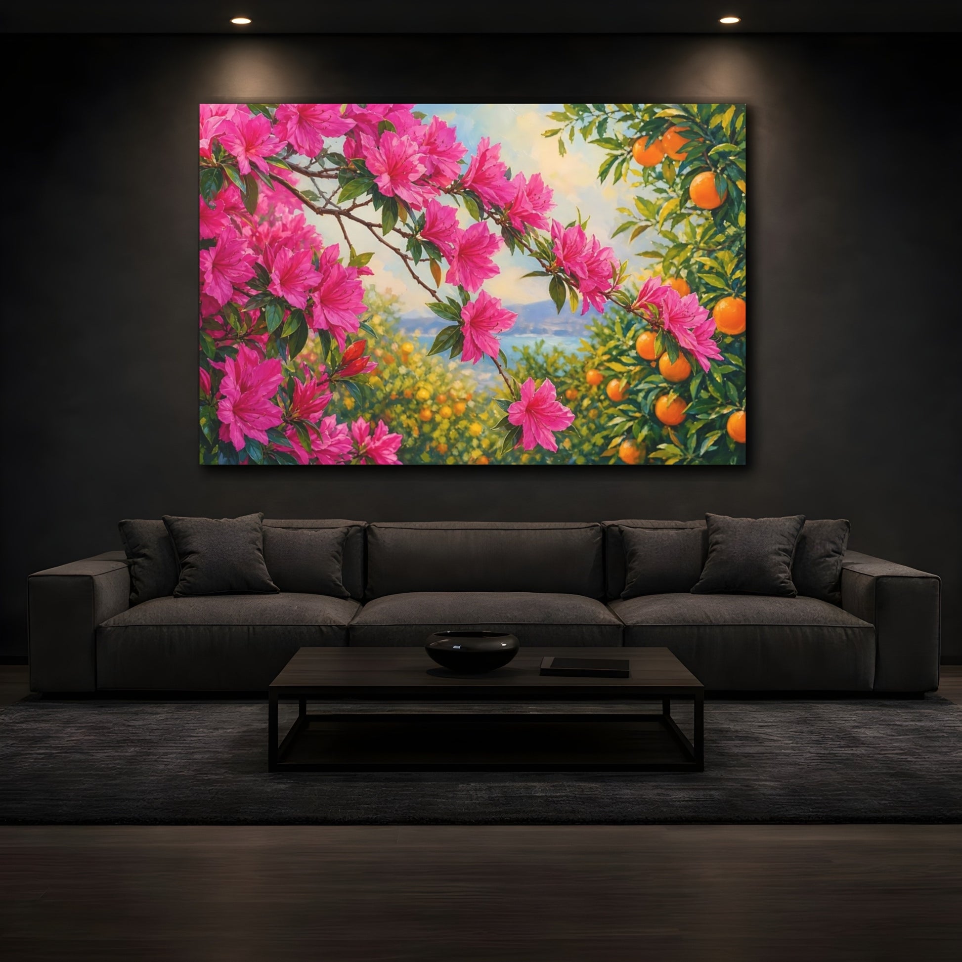 Mockup 3. Nature Pink Azaleas Pink Azaleas And Oranges shown as stretched canvas wall art
